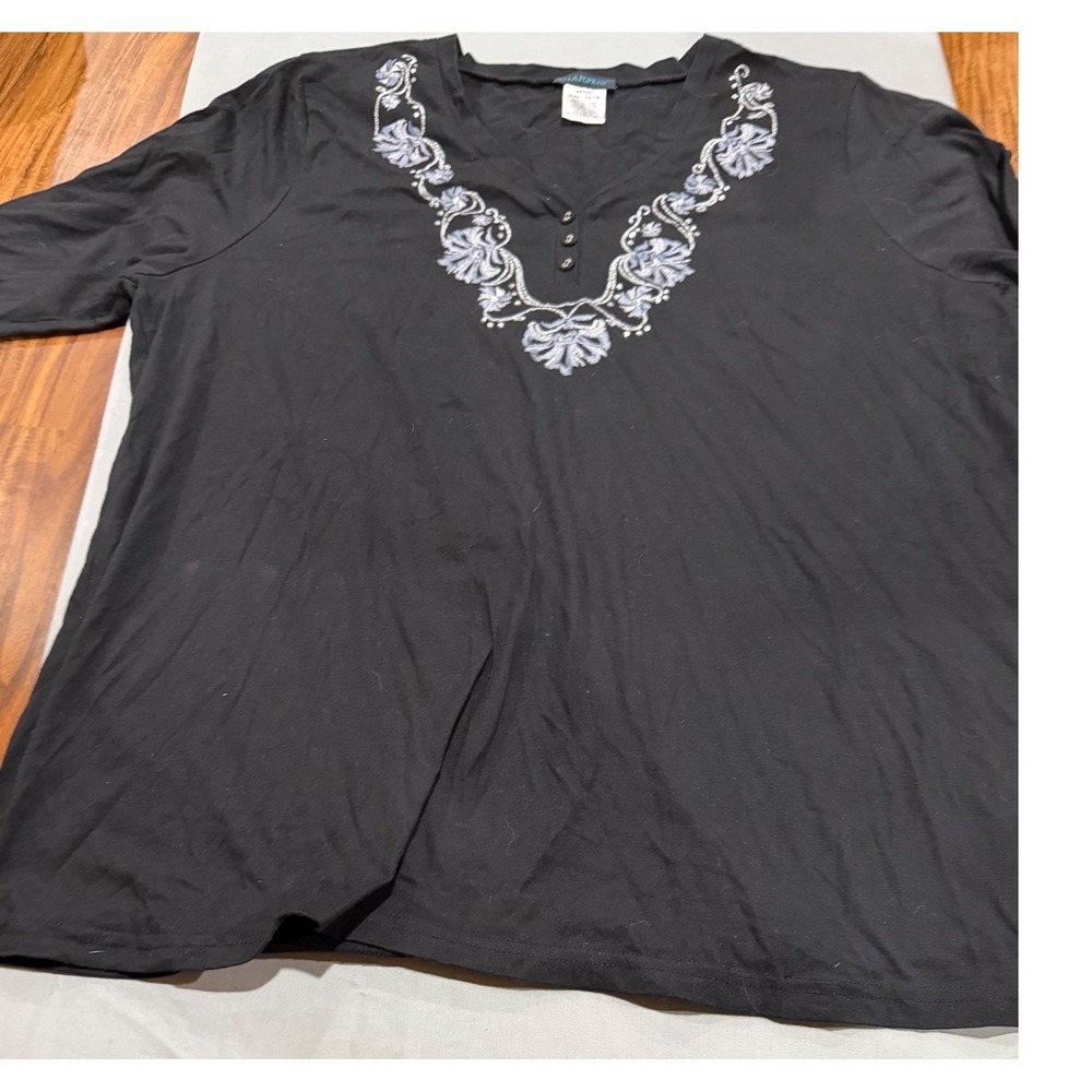 Boho Womens Ulla Popken Embroidered Henley Top 16/18 Black